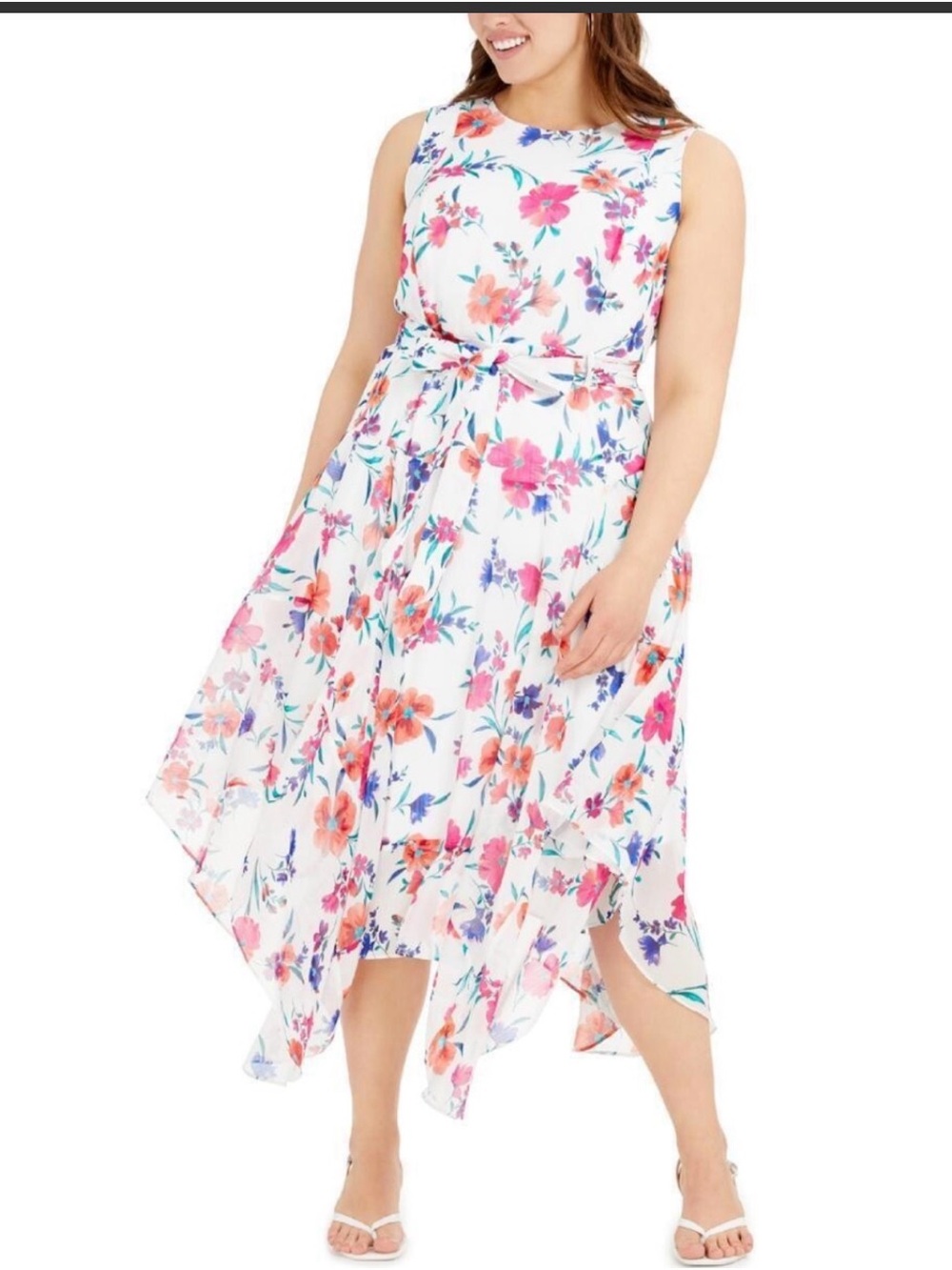 Calvin Klein White Handkerchief-Hem Midi Dress with Pink and Coral Floral Print
